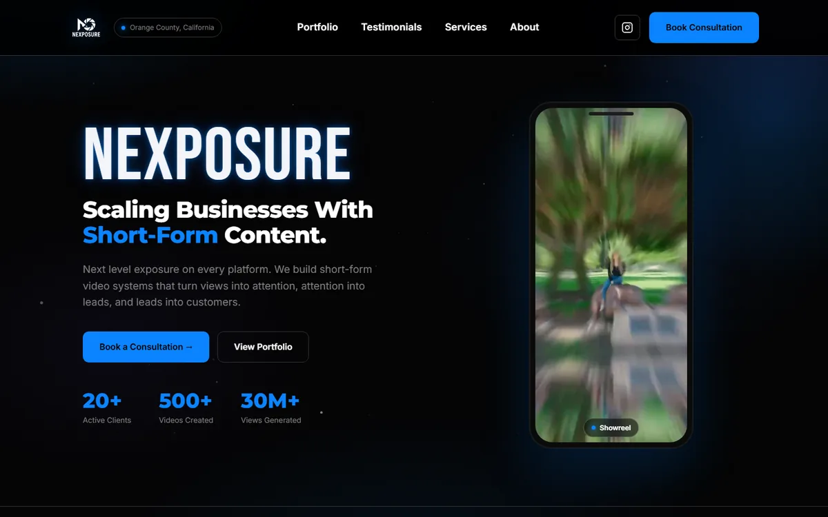 Home page of nexposuremedia.com: dark layout with a phone-framed showreel hero and the headline Scaling Businesses With Short-Form Content