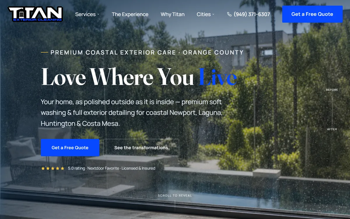 Home page of scrubtitan.com: navy and blue layout with a power-wash reveal hero and quote button